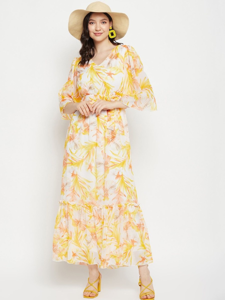 Women BitterLime | Women'S White U0026 Tropical Printed Maxi Dress - Bitterlime Mustard