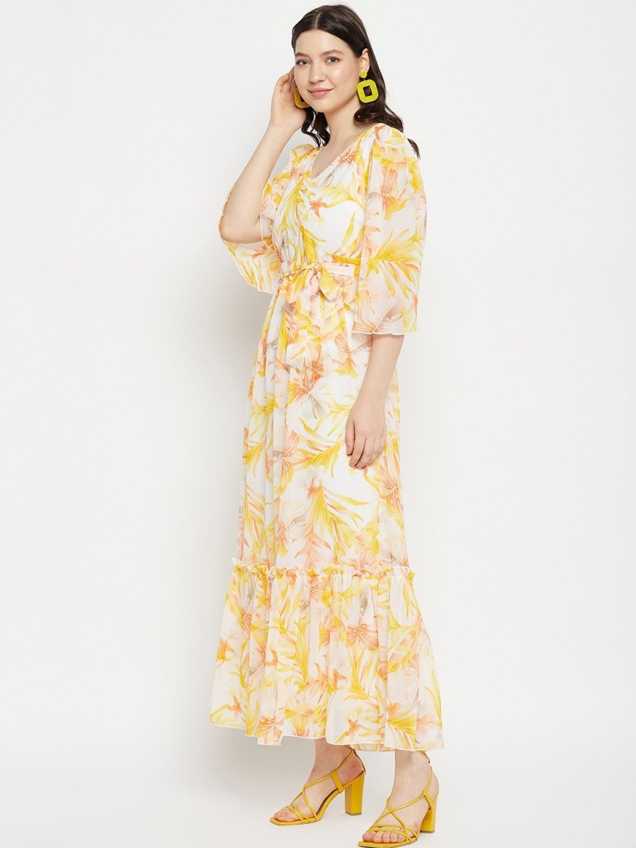 Women BitterLime | Women'S White U0026 Tropical Printed Maxi Dress - Bitterlime Mustard