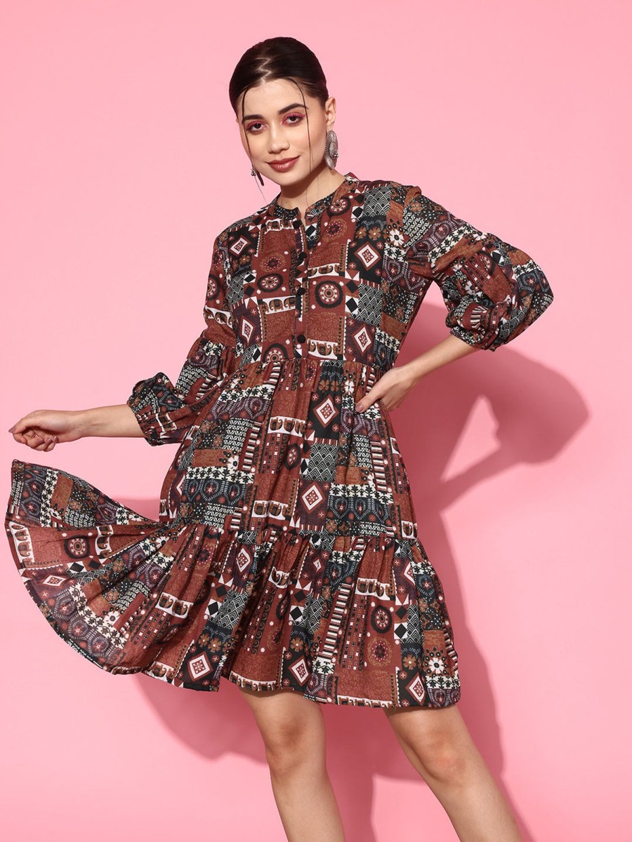 Women Yufta | Women'S Rust Digital Print Fit And Flare Tiered Dress - Yufta Brown