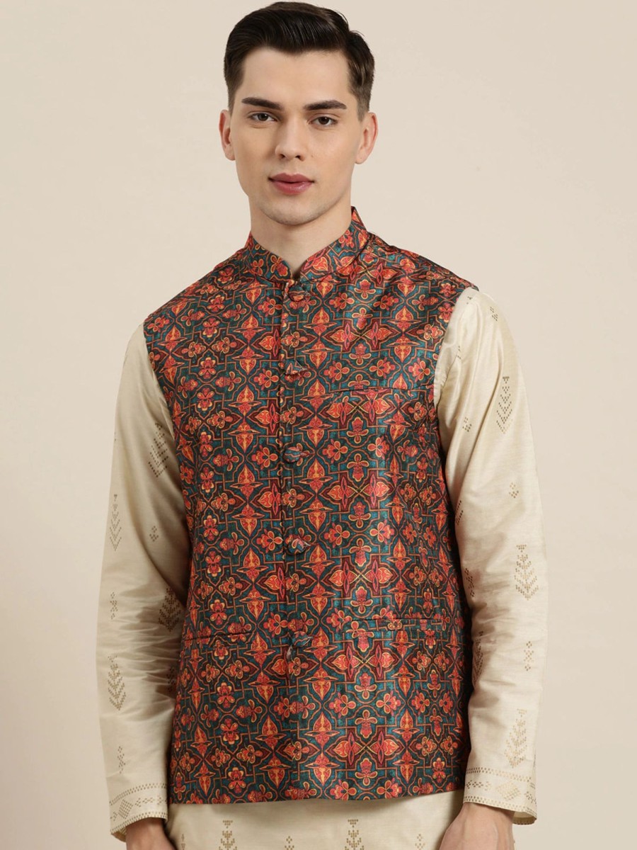 Men Sojanya | Men'S Silk Blend Dark Printed Only Nehrujacket - Sojanya Green