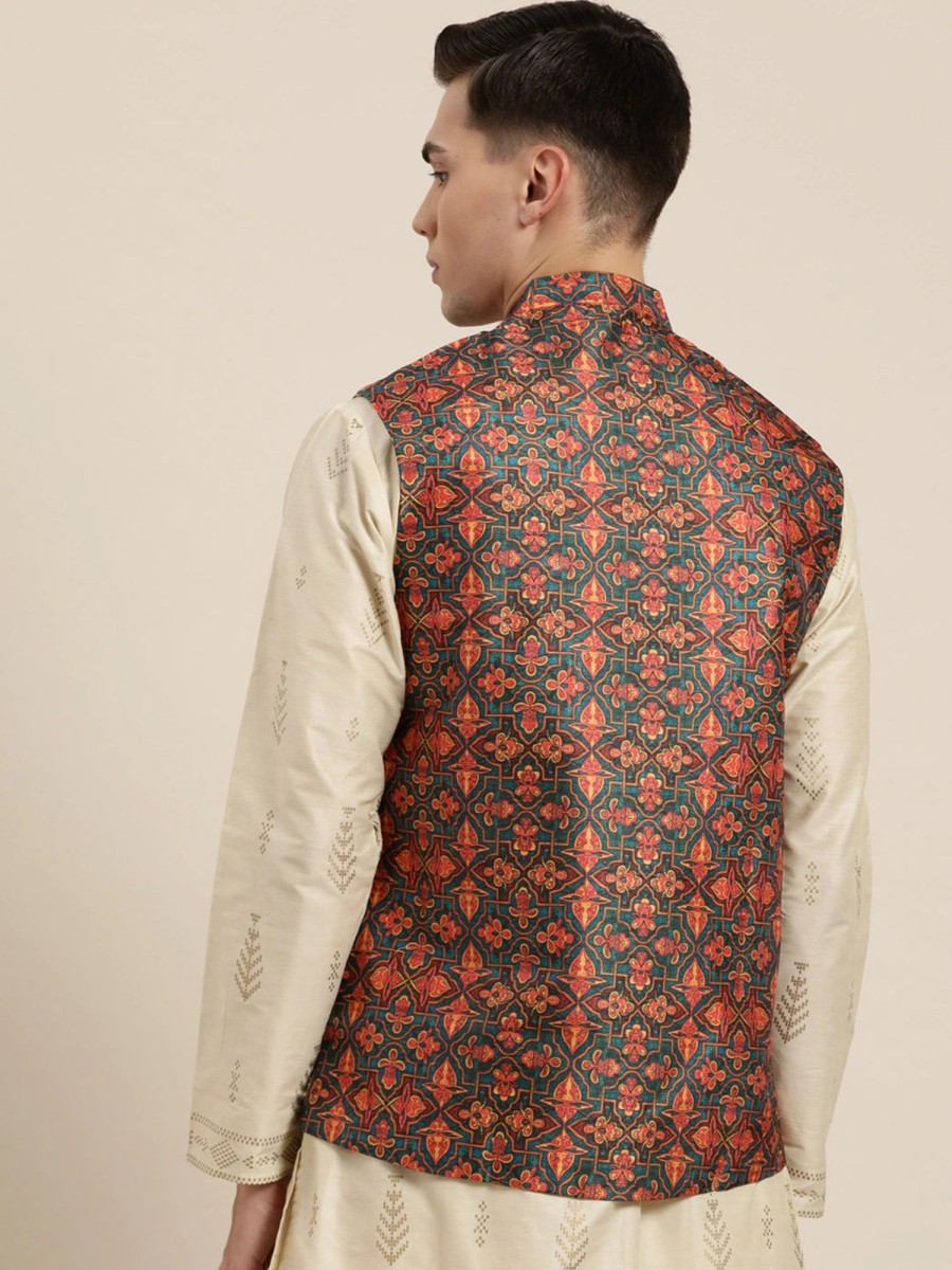 Men Sojanya | Men'S Silk Blend Dark Printed Only Nehrujacket - Sojanya Green