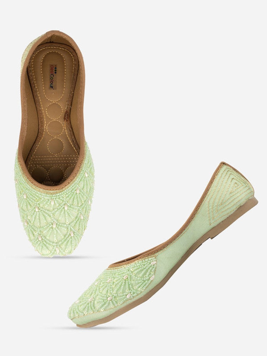 Others Desi Colour | Women'S Sea Green Hand Embroidered Indian Handcrafted Ethnic Comfort Footwear - Desi Colour