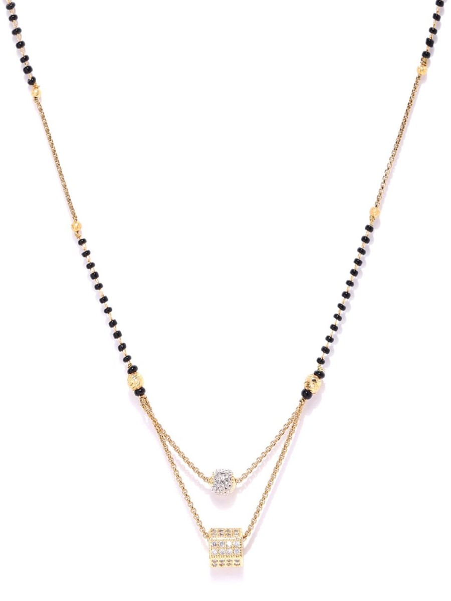 Jewellery Priyaasi | Women'S Gold-Plated Ad Studded Geometric Pendant Black Beaded Chain Mangalsutra - Priyaasi