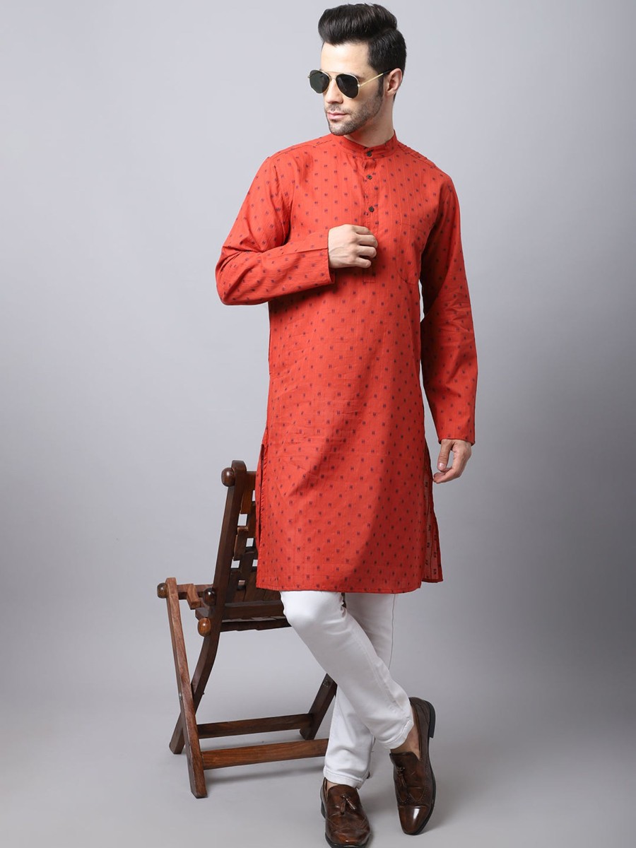 Men Even Apparels | Men'S Pure Cotton Kurta With Band Collar - Even Apparels Red