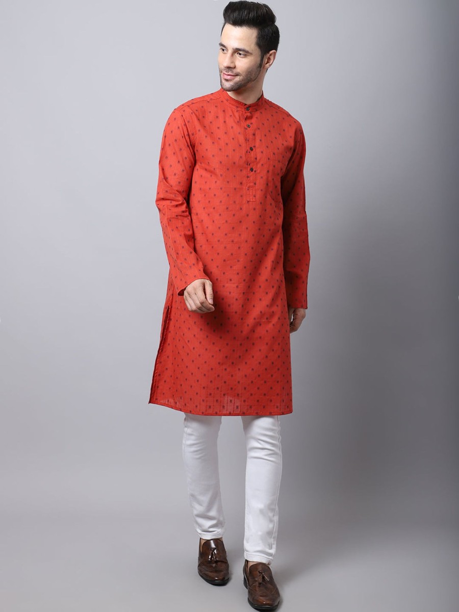 Men Even Apparels | Men'S Pure Cotton Kurta With Band Collar - Even Apparels Red