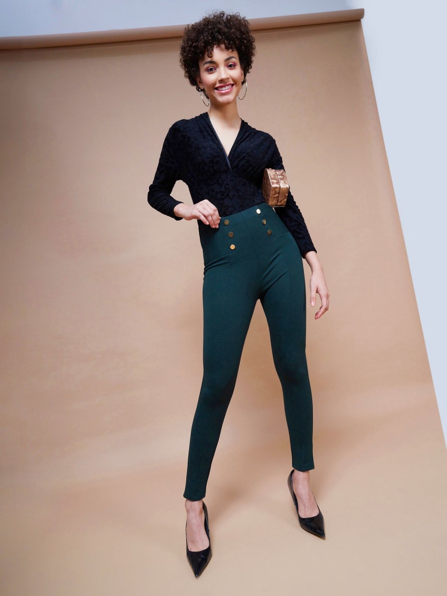 Women SASSAFRAS | Women'S Emerald Show Button Jeggings - Sassafras Green