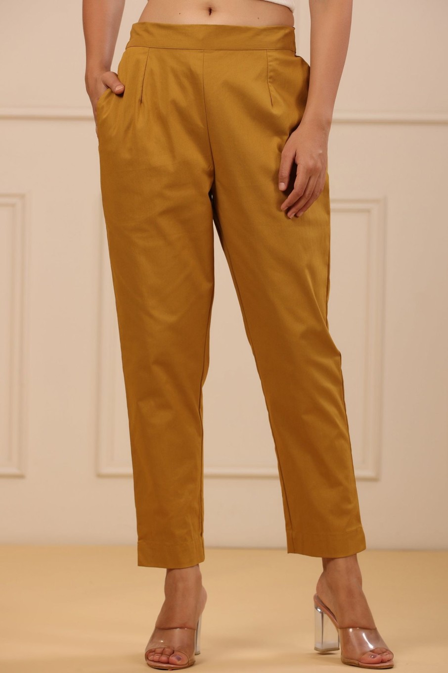 Women Juniper | Women'S Cotton Spendex Solid Straight Pant - Juniper Mustard