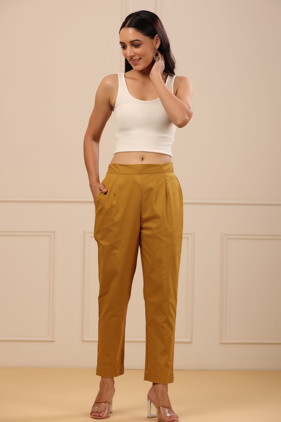 Women Juniper | Women'S Cotton Spendex Solid Straight Pant - Juniper Mustard