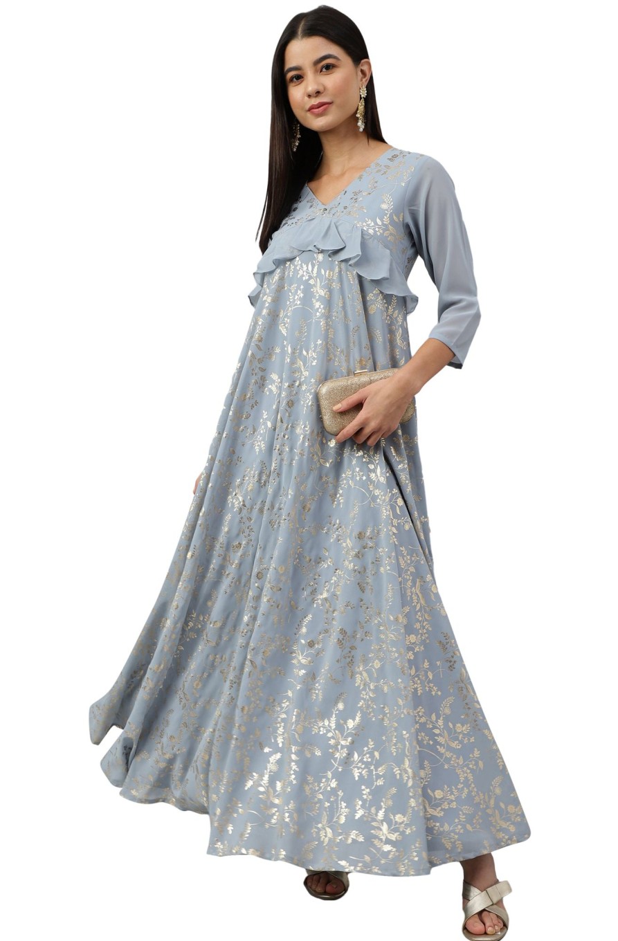 Women Manohara | Women'S Georgette Floral Foil Print Flared Ethnic Dress - Manohara Grey