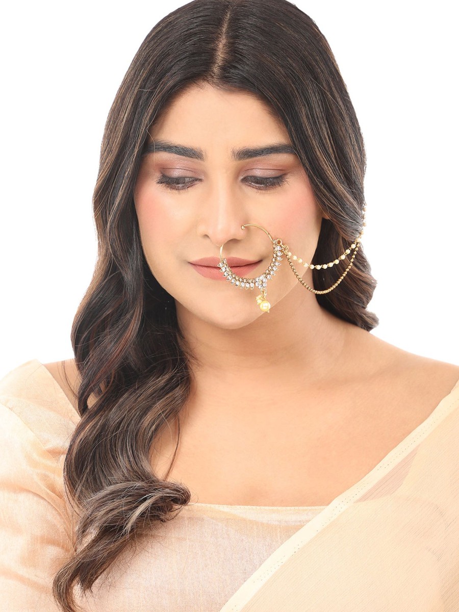 Jewellery Anikas Creation | Bridal No Piercing Nath Nose Ring Kundan By Anikas Creation Gold