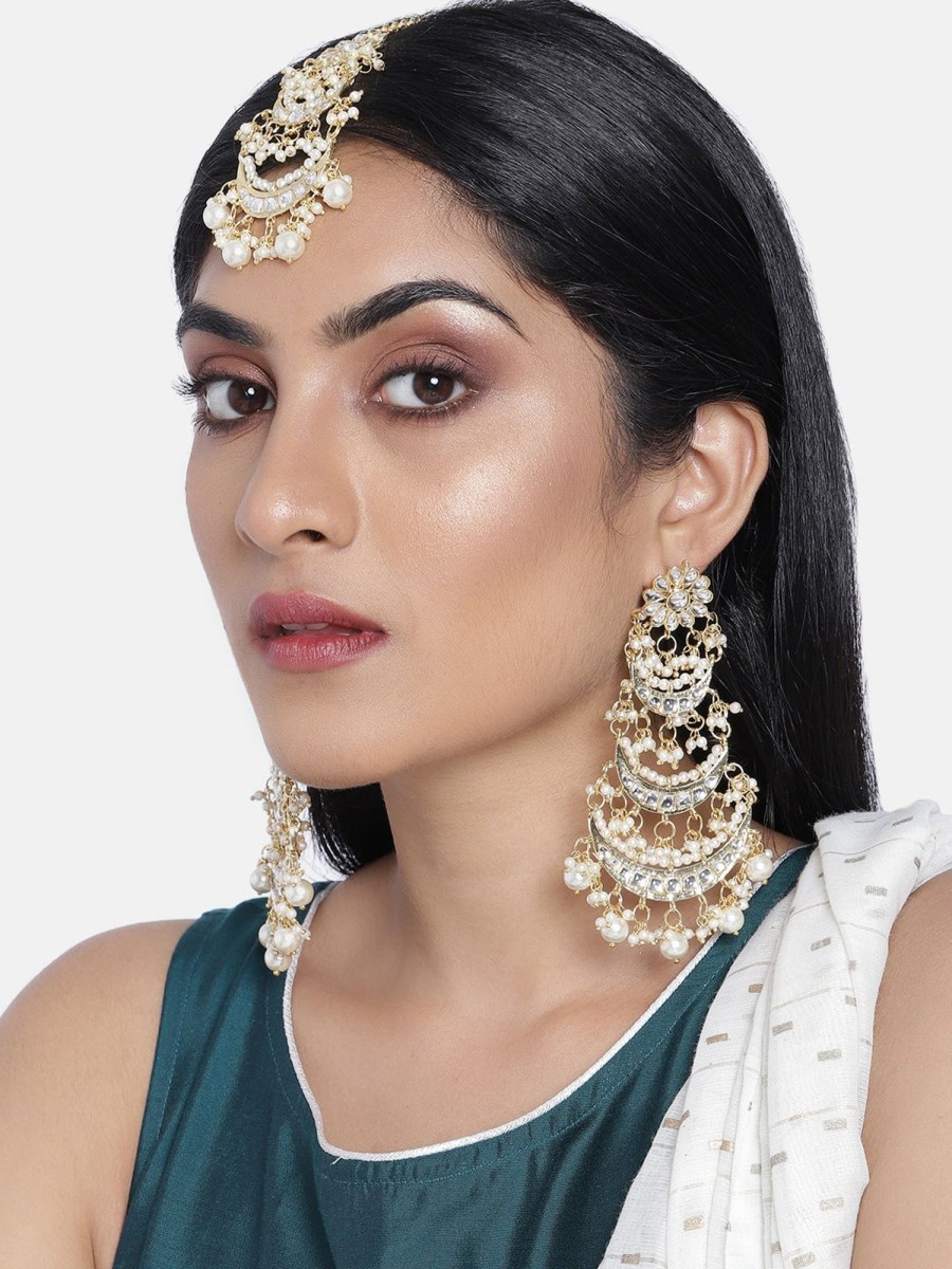 Jewellery I Jewels | Women'S Traditional Gold Plated Chandbali Kundan U0026 Pearl Earring Set With Maang Tikka - I Jewels