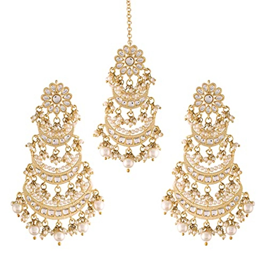 Jewellery I Jewels | Women'S Traditional Gold Plated Chandbali Kundan U0026 Pearl Earring Set With Maang Tikka - I Jewels