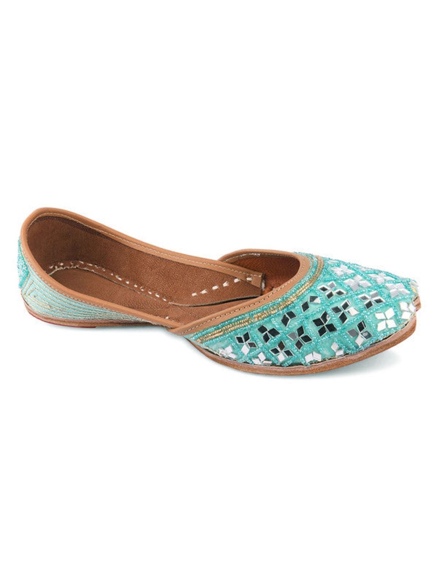 Others Desi Colour | Women'S Sea Green Mirror Work Leather Embroidered Indian Handcrafted Ethnic Comfort Footwear - Desi Colour