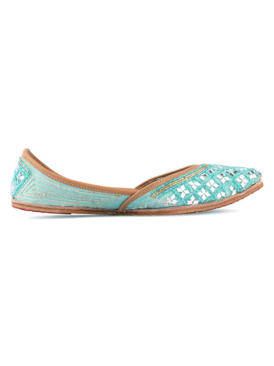 Others Desi Colour | Women'S Sea Green Mirror Work Leather Embroidered Indian Handcrafted Ethnic Comfort Footwear - Desi Colour