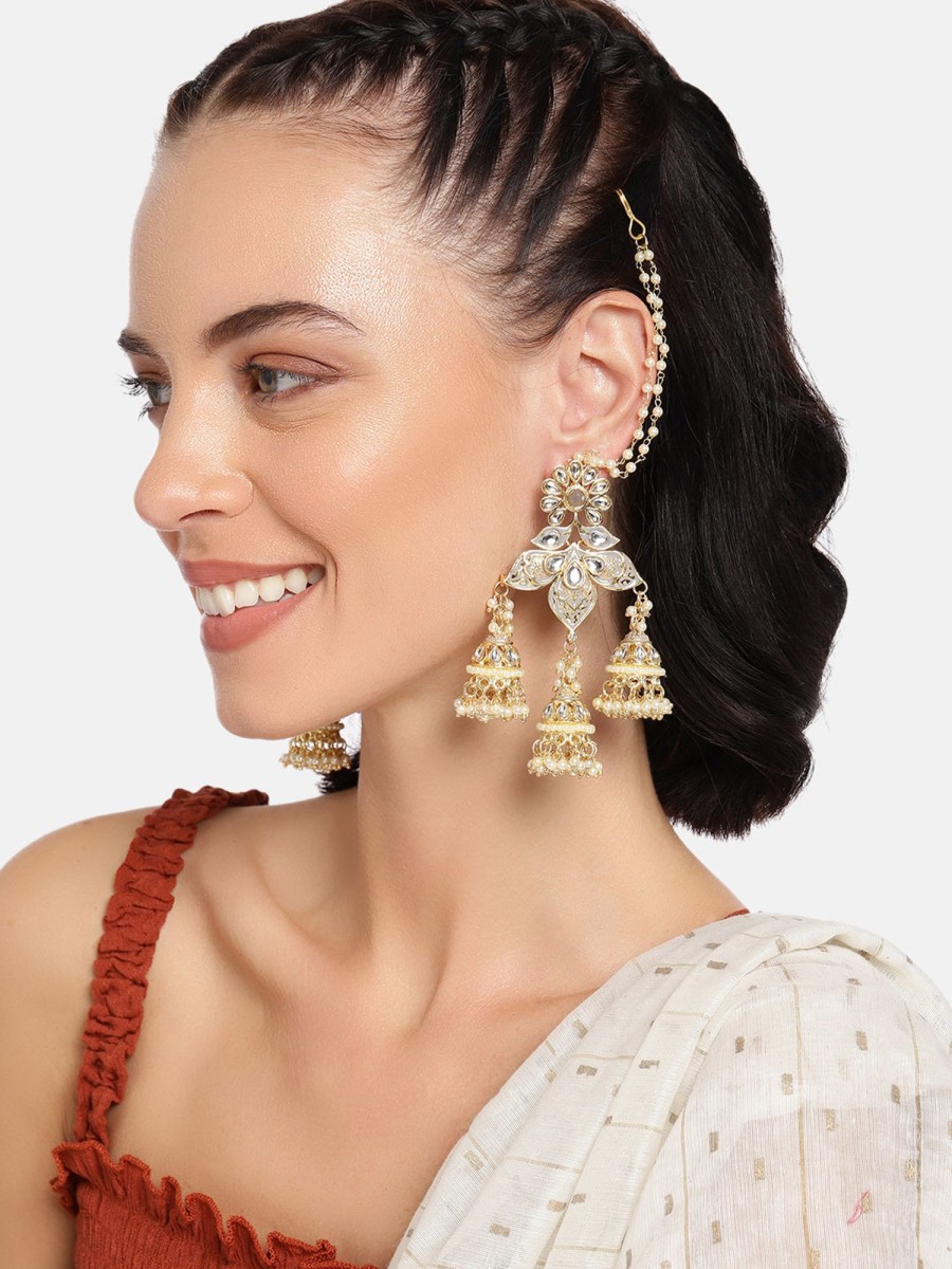 Jewellery I Jewels | Women'S 18K Gold Plated Intricately Designed Traditional With Detachable Hair Chain Encased With Kundans U0026 Pearls Jumka Earrings - I Jewels Grey