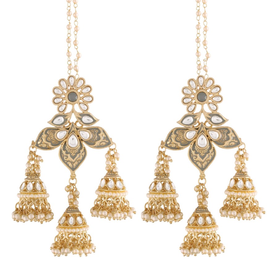 Jewellery I Jewels | Women'S 18K Gold Plated Intricately Designed Traditional With Detachable Hair Chain Encased With Kundans U0026 Pearls Jumka Earrings - I Jewels Grey