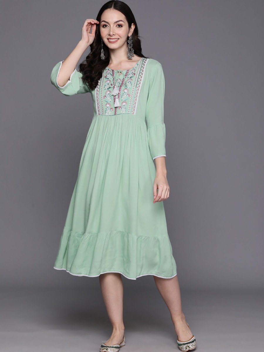 Women Indo Era | Women'S A-Line Midi Dress - Indo Era Green