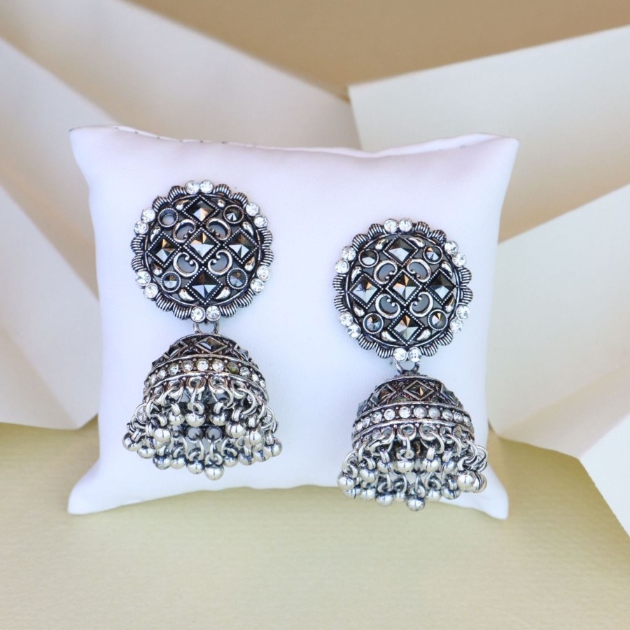 Jewellery I Jewels | Women'S 18K Oxidised Traditional Kundan U0026 Stone Studded Jhumka Earrings (E3064Ox) - I Jewels Silver