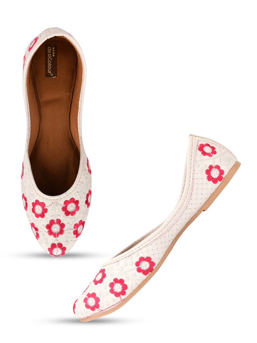 Others Desi Colour | Women'S White Floral Indian Ethnic Comfort Footwear - Desi Colour Multi Color