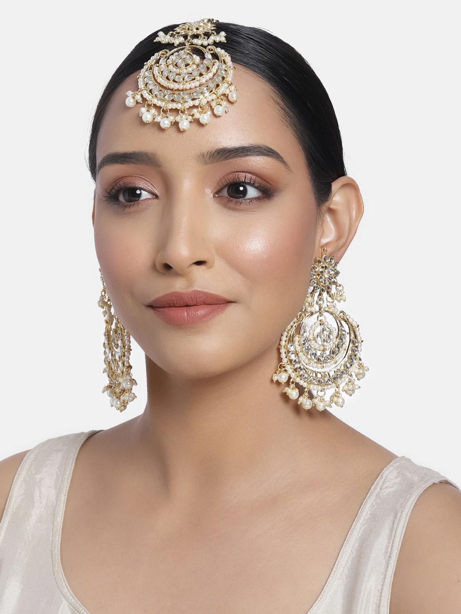 Jewellery I Jewels | Women'S Traditional Gold Plated Chandbali Kundan U0026 Pearl Earring Set With Maang Tikka - I Jewels