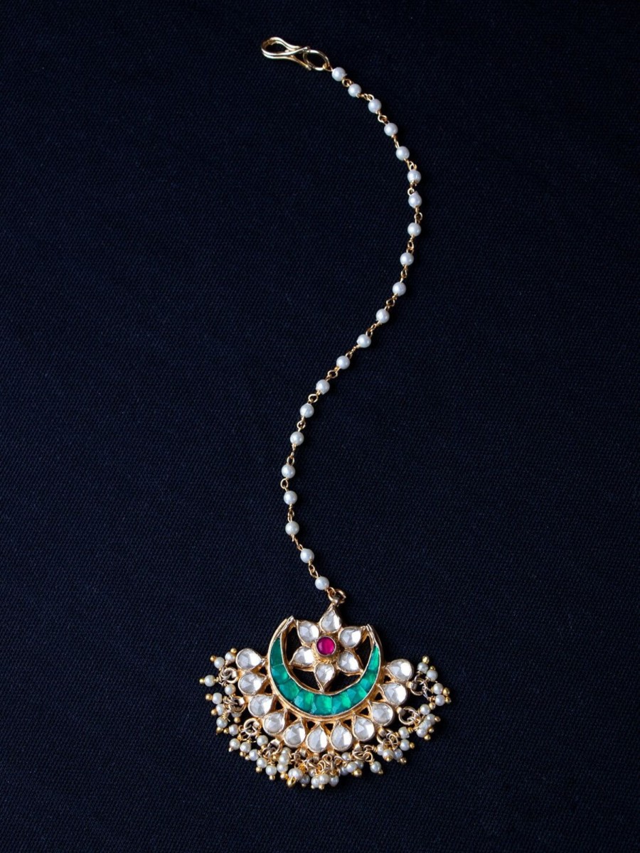 Jewellery Morkanth | Women'S Gold Plated Green U0026 White Kundan Studded Maang Tikka - Morkanth