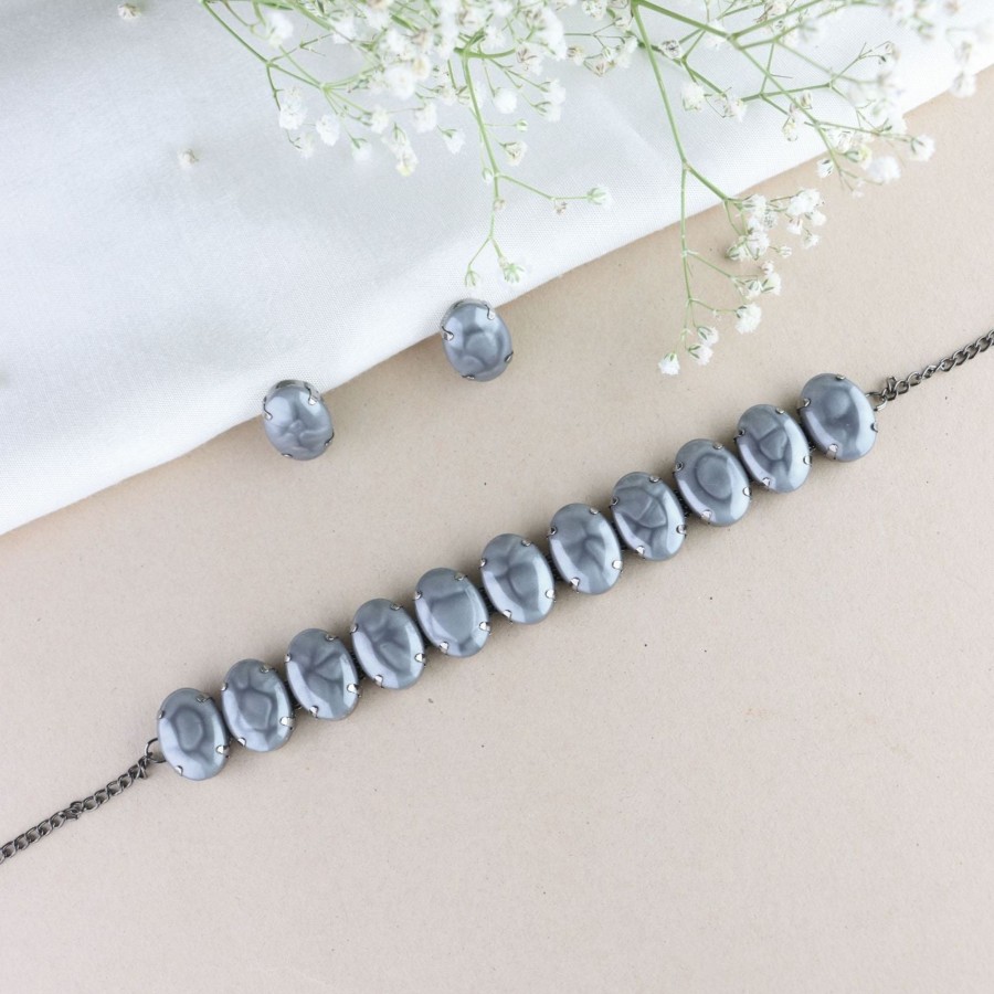 Jewellery I Jewels | Women'S Glamorous Fashionable Eye-Catching Beaded Choker And Earrings Set - I Jewels Grey