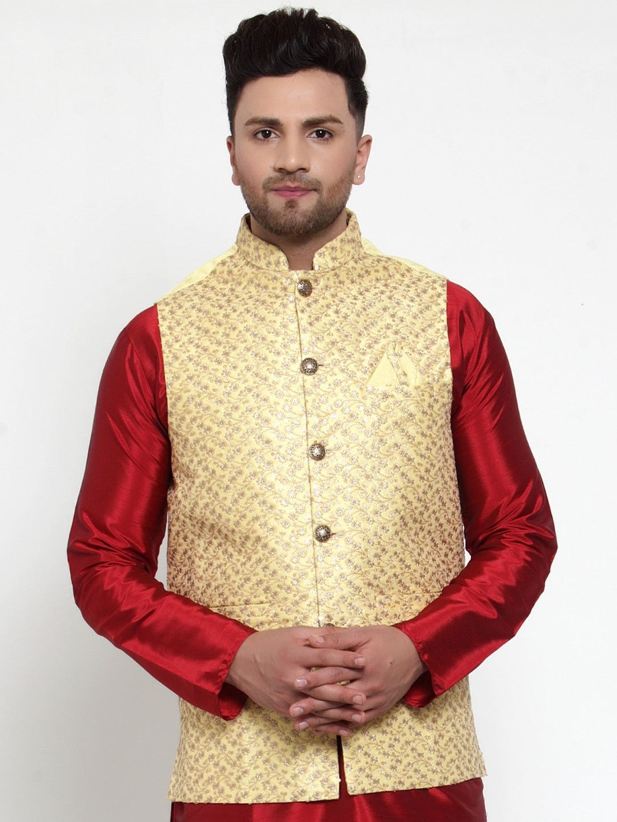 Men Virat Fashions | Men'S Yellow Embroidered Nehru Jacket ( Jowc 4016Yellow ) - Virat Fashions