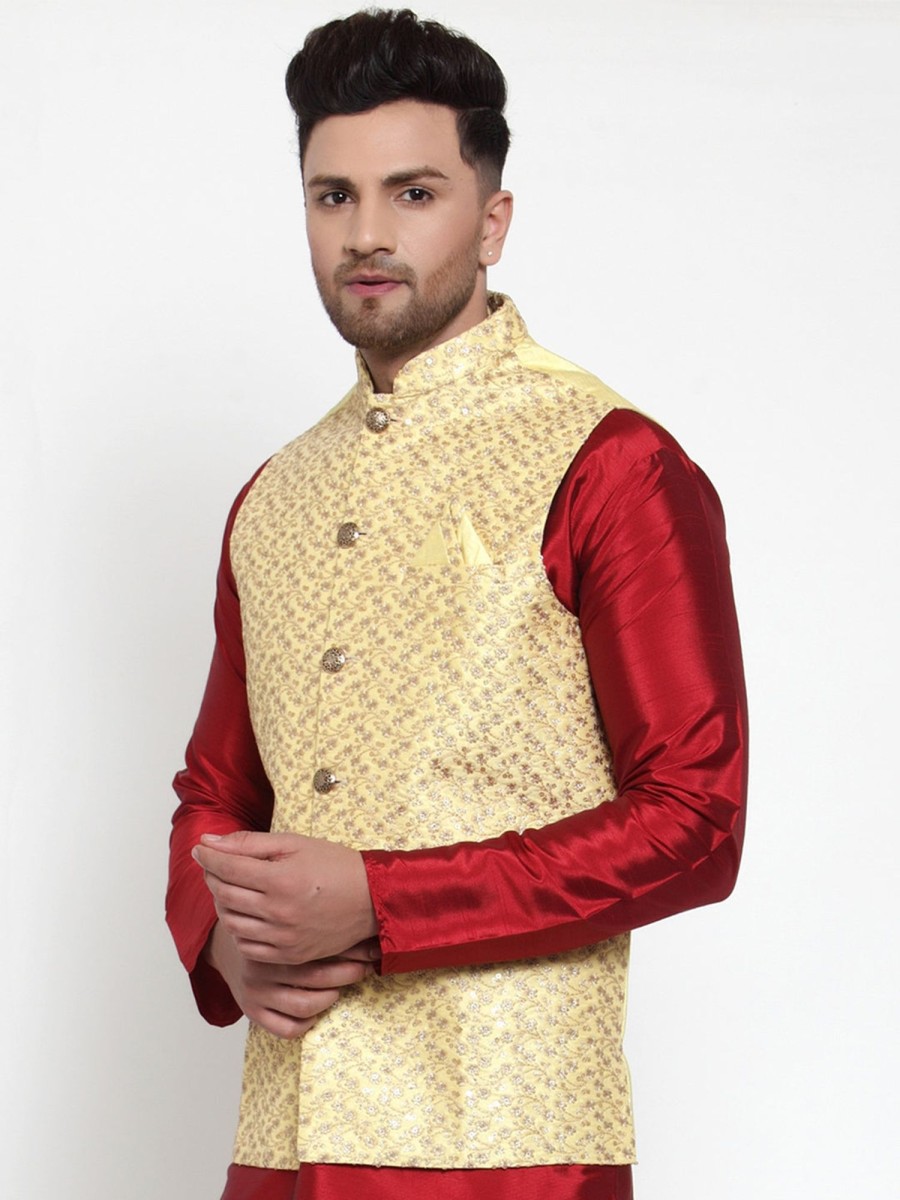 Men Virat Fashions | Men'S Yellow Embroidered Nehru Jacket ( Jowc 4016Yellow ) - Virat Fashions