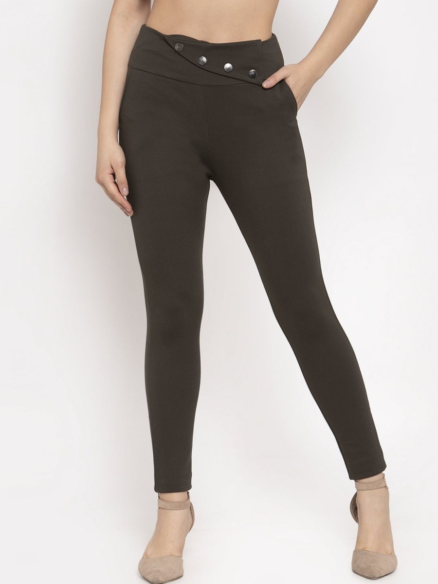 Women Wahe-NOOR | Women'S Olive Relaxed Fit Jeggings - Wahe-Noor