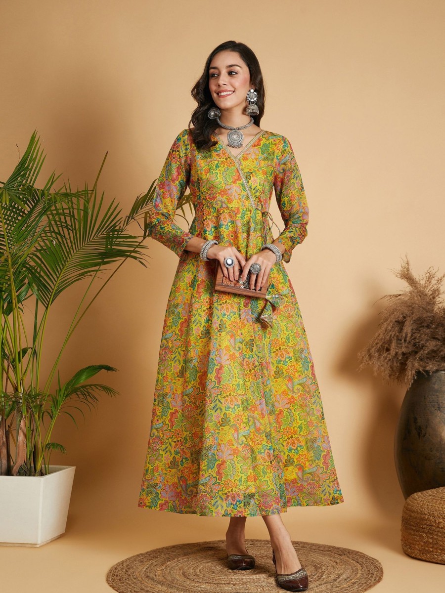 Women Lyush | Women'S Lemon Yellow Floral Anarkali Maxi Dress - Lyush