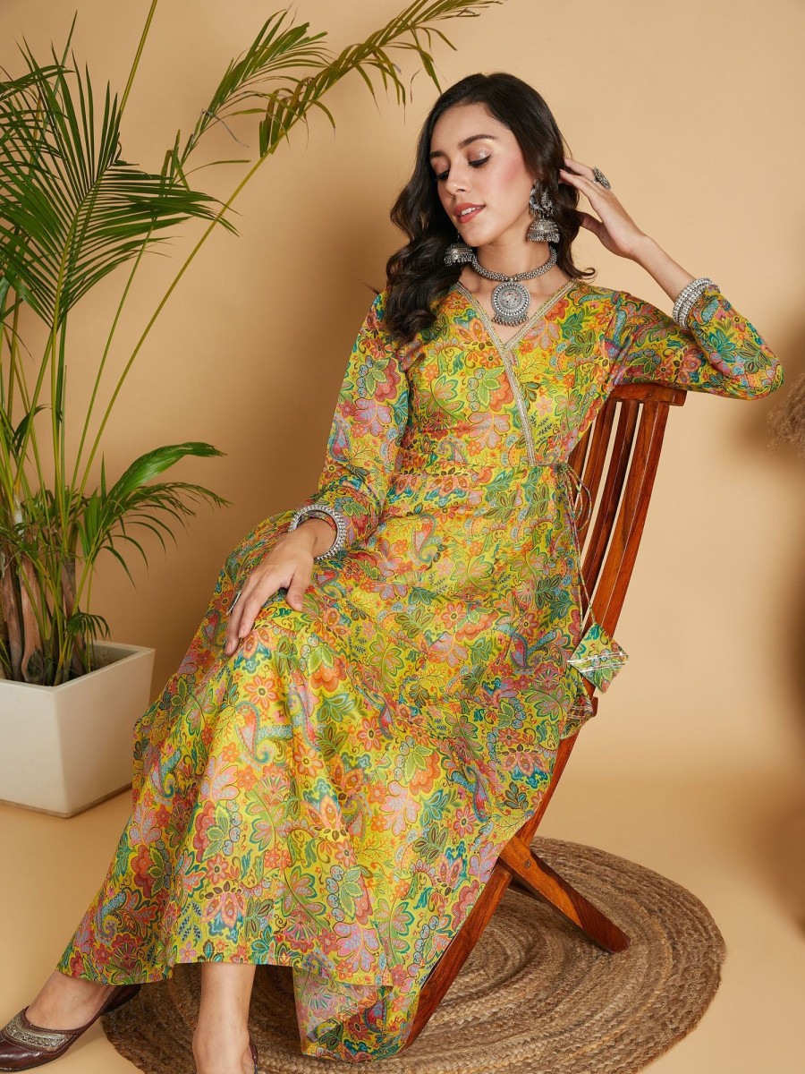 Women Lyush | Women'S Lemon Yellow Floral Anarkali Maxi Dress - Lyush