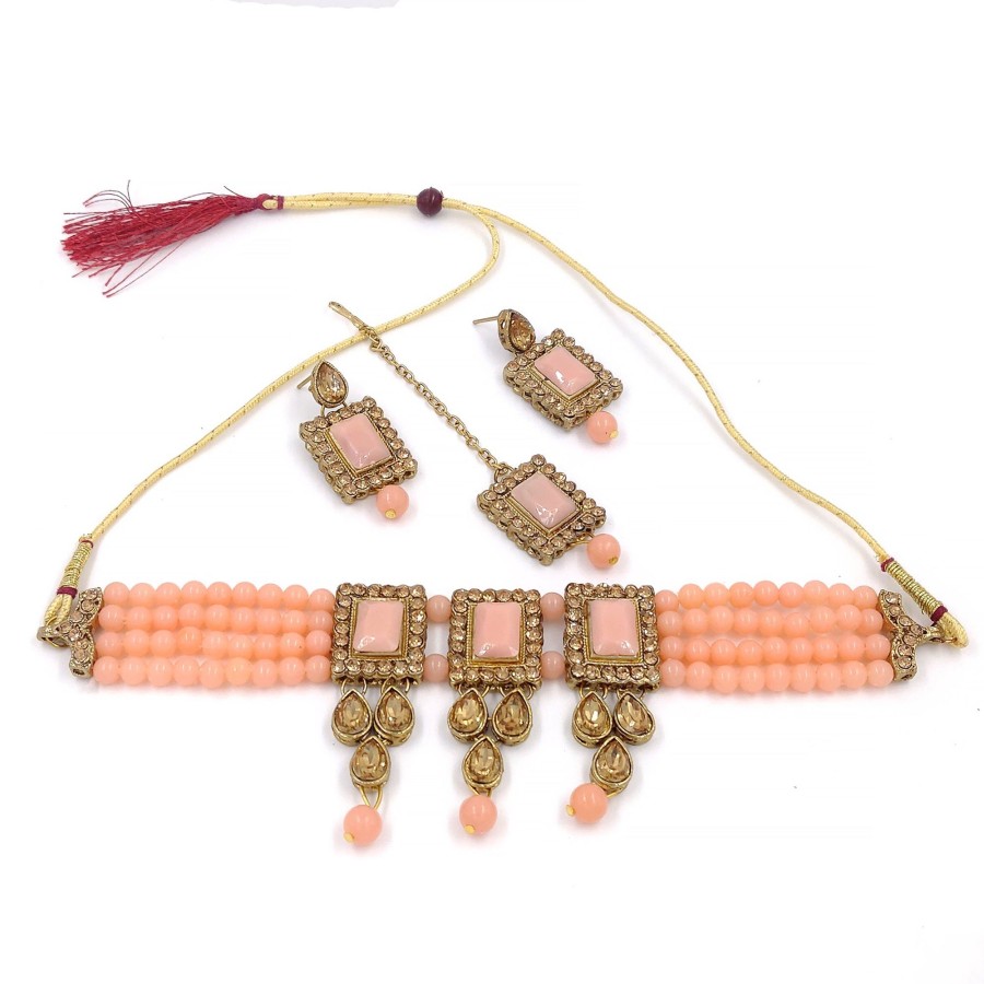 Jewellery Zaffre Collections | Women'S Multistrand Beads And Stones Traditional Choker Necklace U0026 Maang Tikka - Zaffre Collections Peach