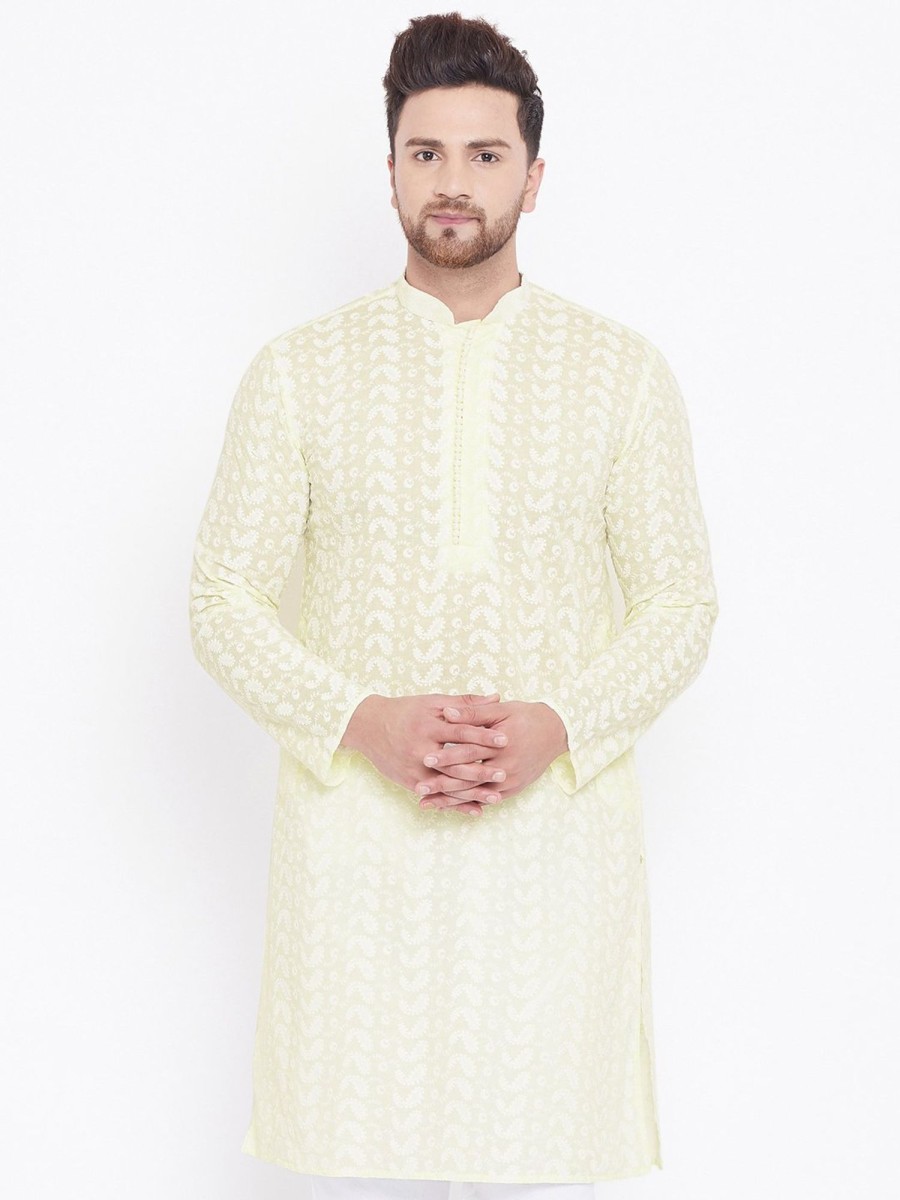 Men Vastramay | Men'S Yellow Pure Cotton Chikankari Kurta - Vastramay