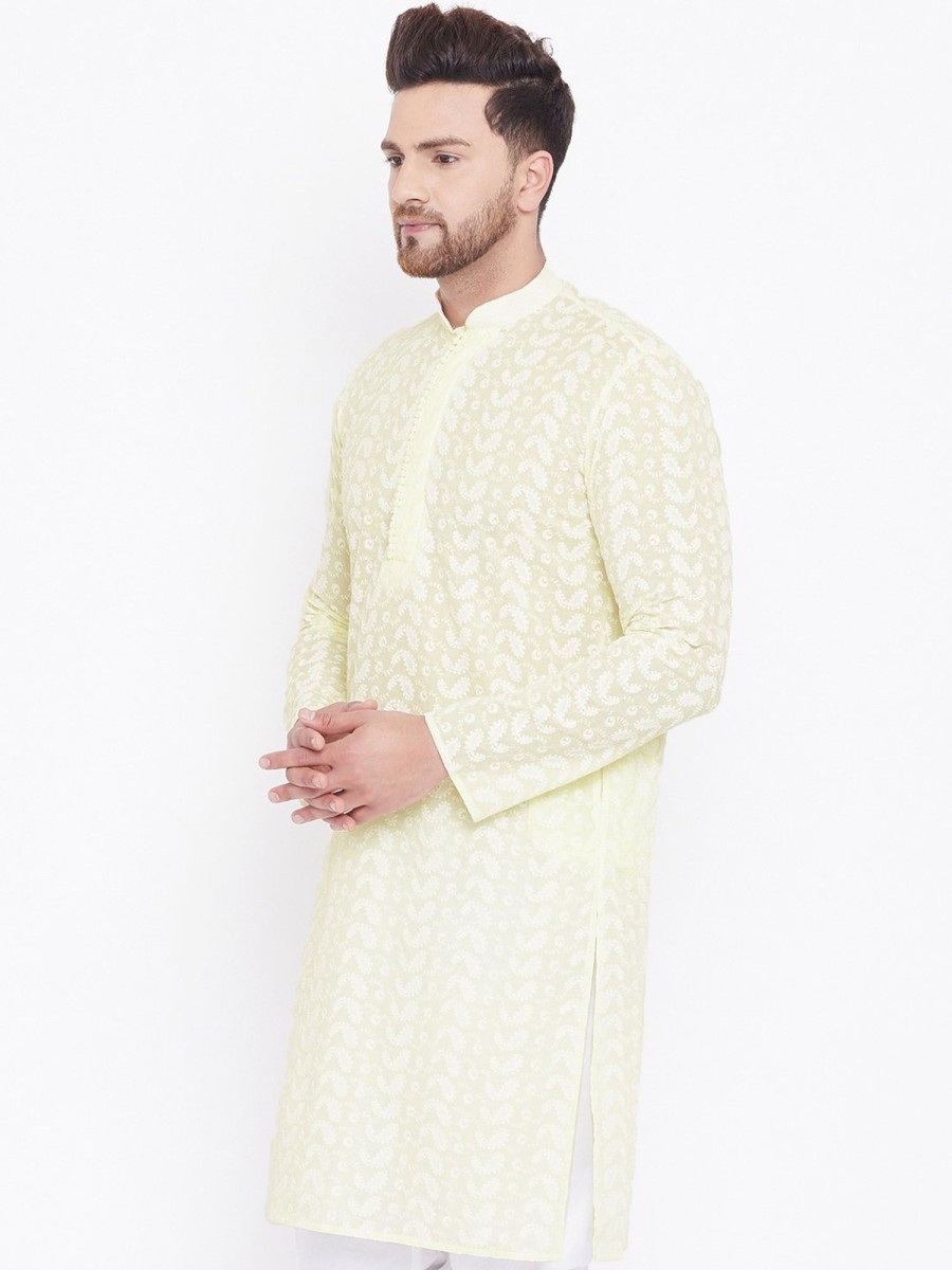 Men Vastramay | Men'S Yellow Pure Cotton Chikankari Kurta - Vastramay