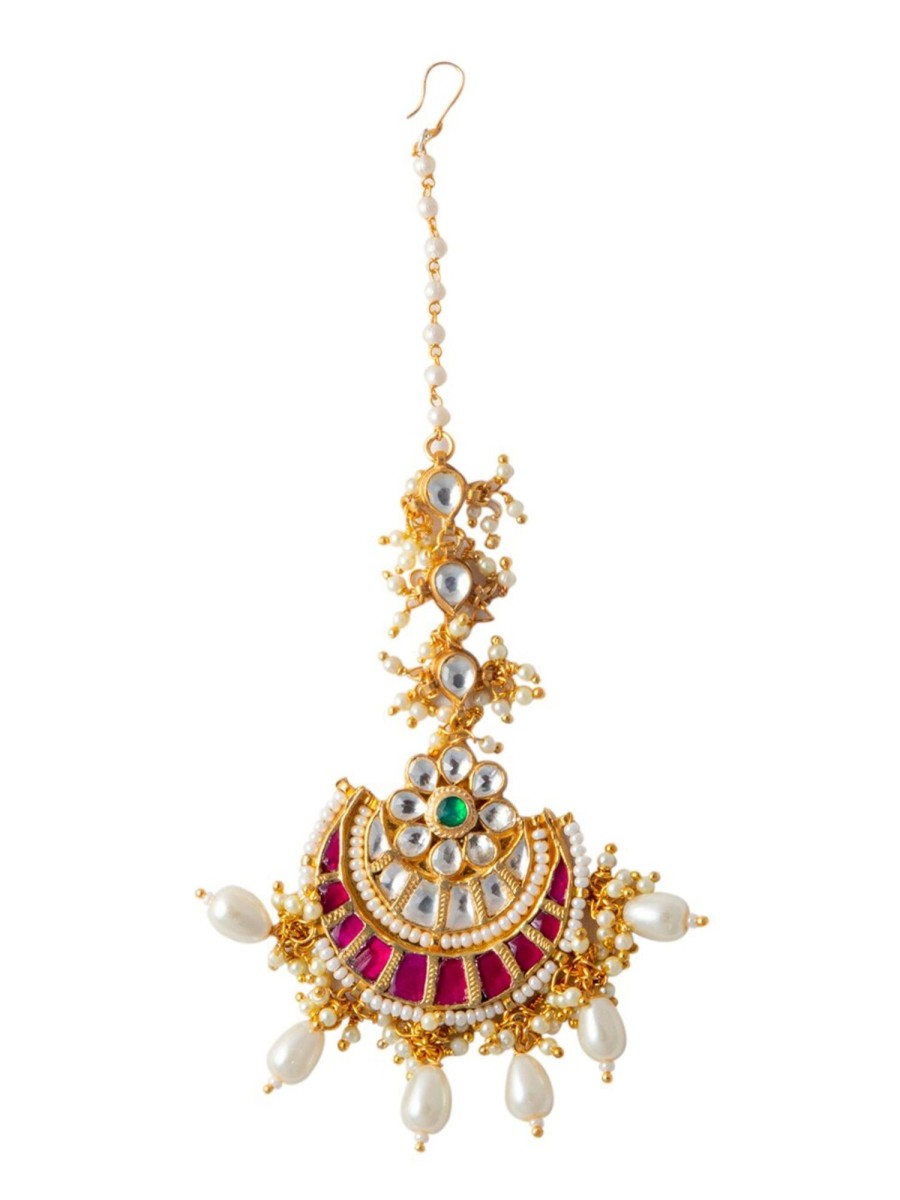 Jewellery Morkanth | Women'S Gold-Plated U0026 Pink Pachi Kundan Stone-Studded Handcrafted Maang Tikka - Morkanth