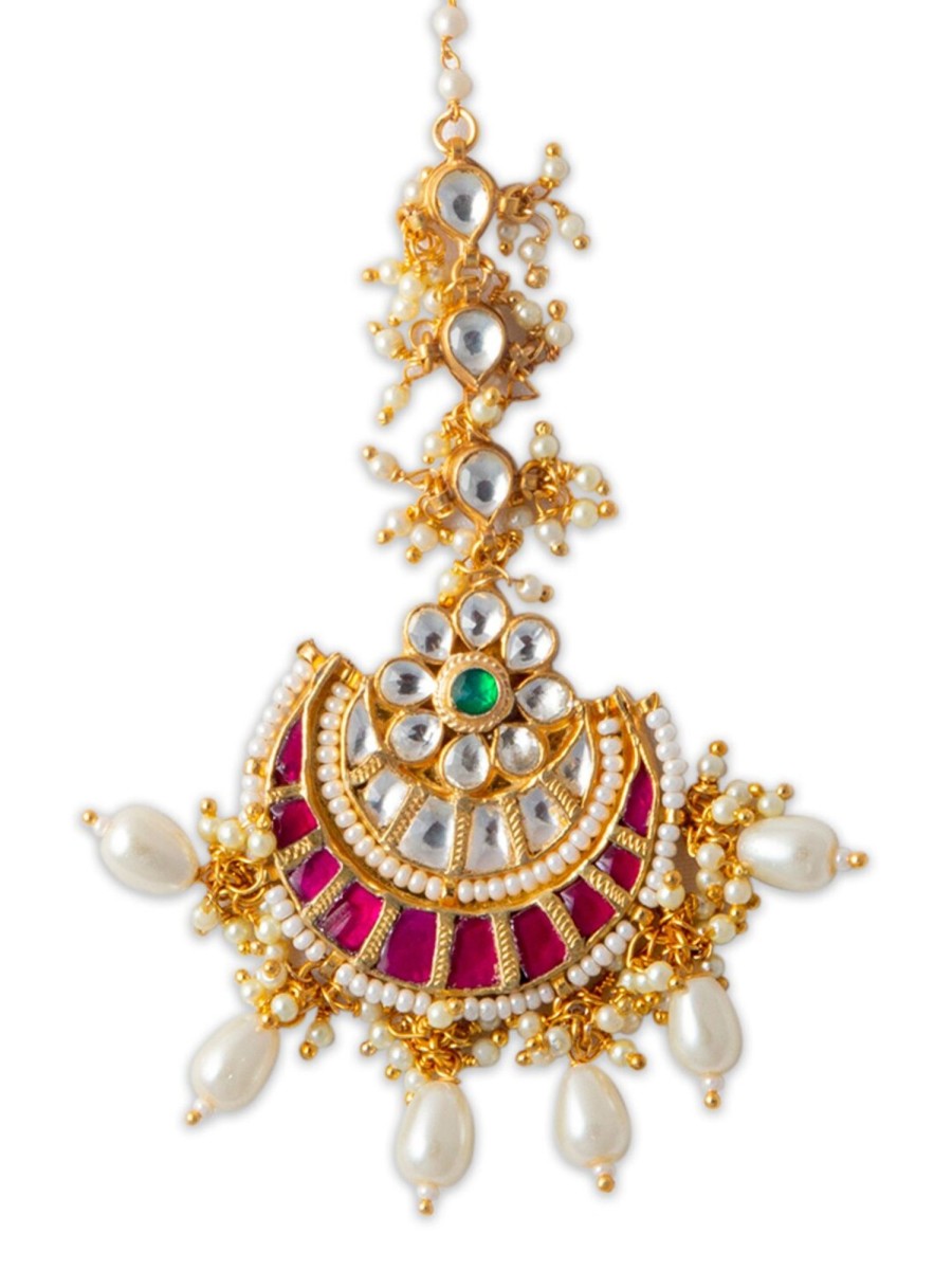 Jewellery Morkanth | Women'S Gold-Plated U0026 Pink Pachi Kundan Stone-Studded Handcrafted Maang Tikka - Morkanth