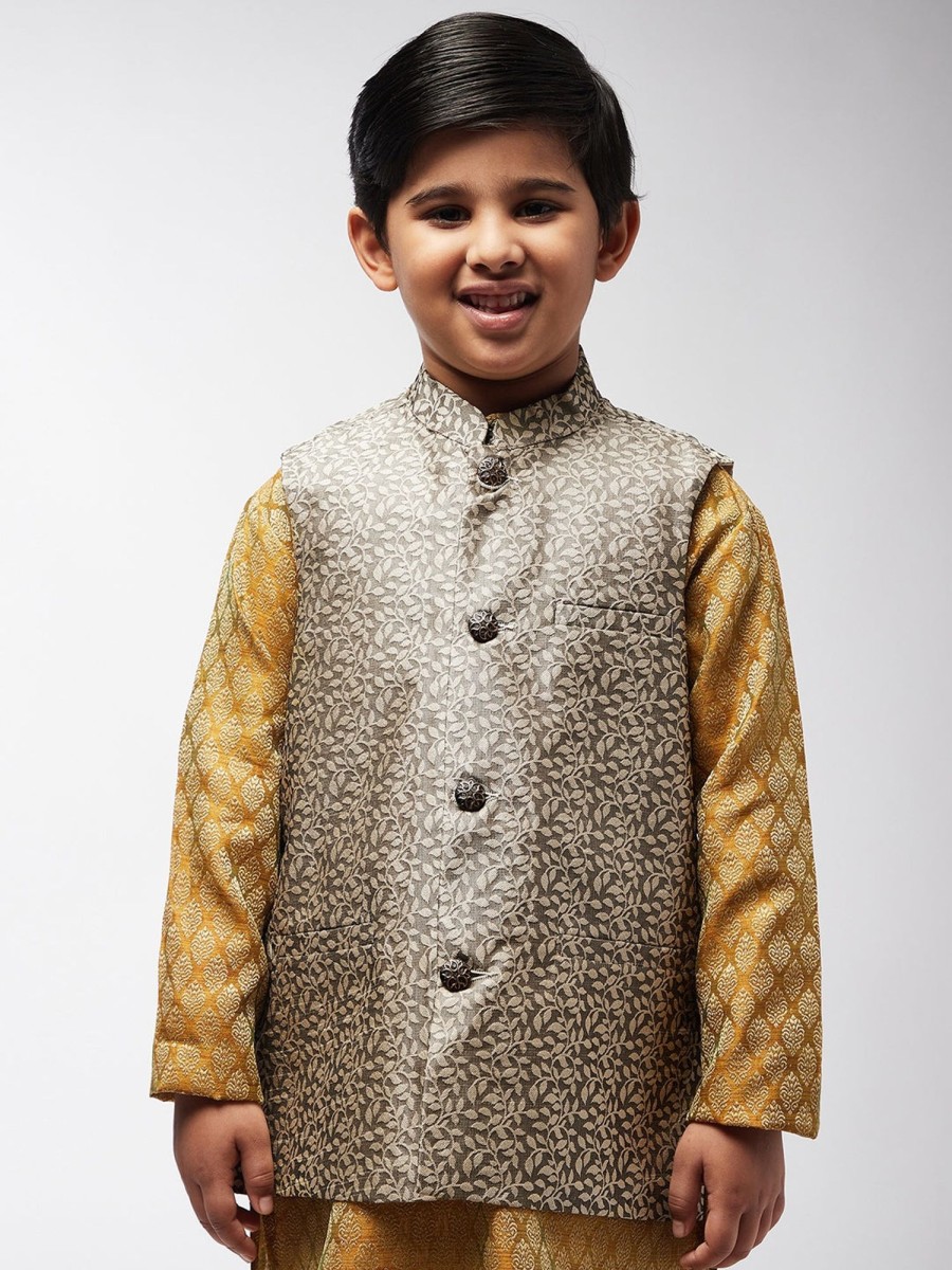 Men Sojanya KID | Kid'S Jacquard Silk Beige Self Design Only Nehrujacket - Sojanya Kid Beige & Black