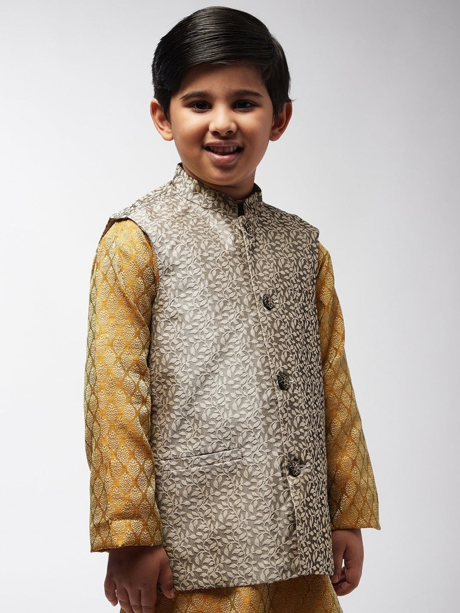 Men Sojanya KID | Kid'S Jacquard Silk Beige Self Design Only Nehrujacket - Sojanya Kid Beige & Black