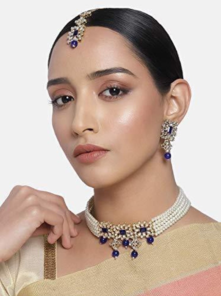 Jewellery I Jewels | Women'S Gold Plated Beaded Choker Set Studded With Pearl U0026 Kundan With Earrings U0026 Maang Tikka - I Jewels Blue