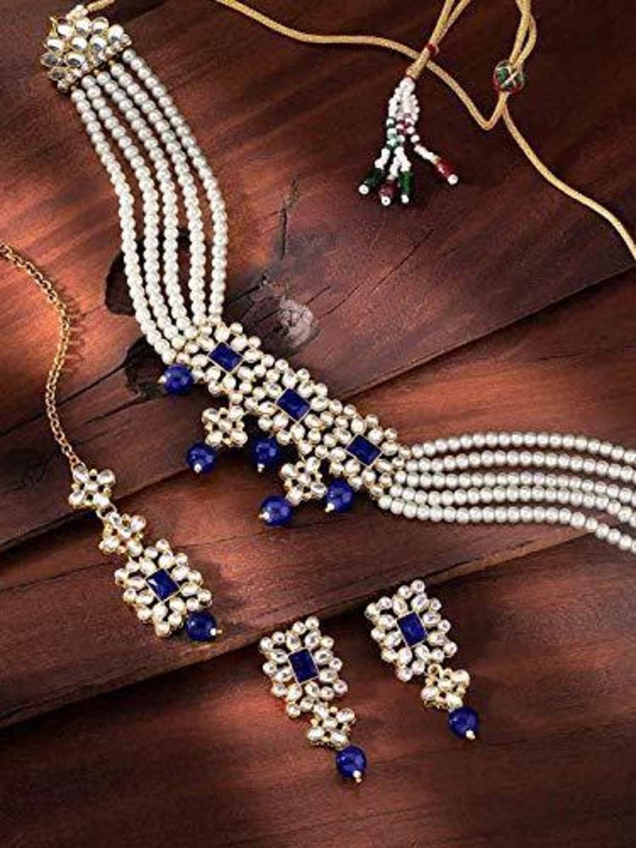 Jewellery I Jewels | Women'S Gold Plated Beaded Choker Set Studded With Pearl U0026 Kundan With Earrings U0026 Maang Tikka - I Jewels Blue