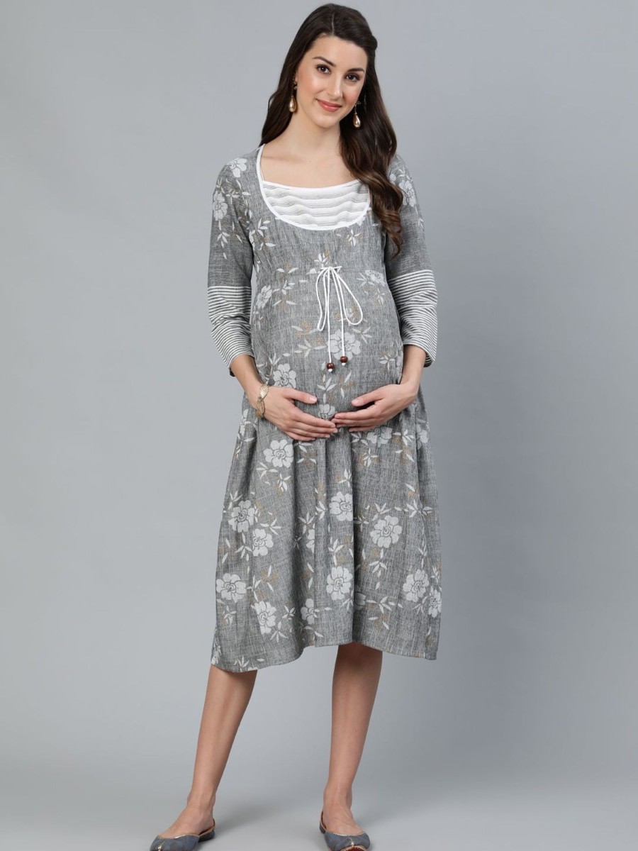 Women AKS | Women'S U0026 White Floral Printed Maternity Dress - Aks Grey