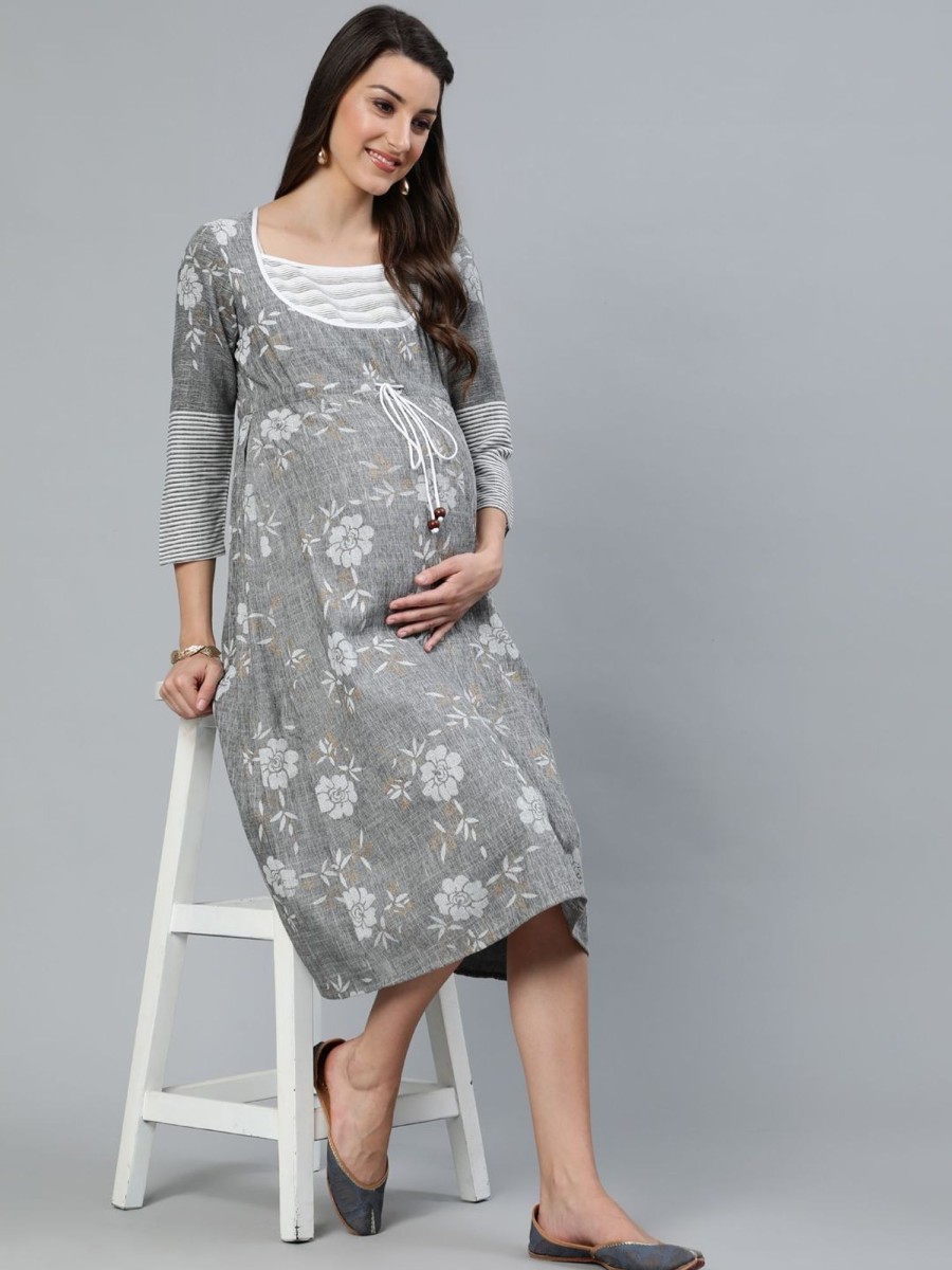 Women AKS | Women'S U0026 White Floral Printed Maternity Dress - Aks Grey