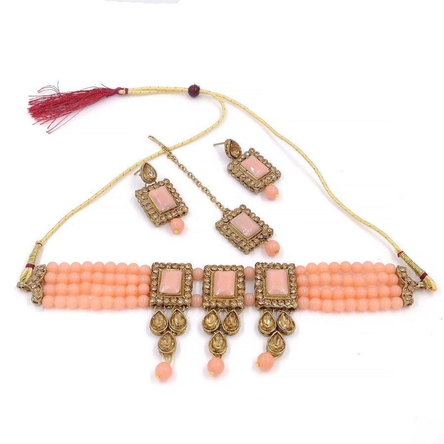 Jewellery Zaffre Collections | Women'S Multistrand Beads And Stones Traditional Choker Necklace U0026 Maang Tikka - Zaffre Collections Peach