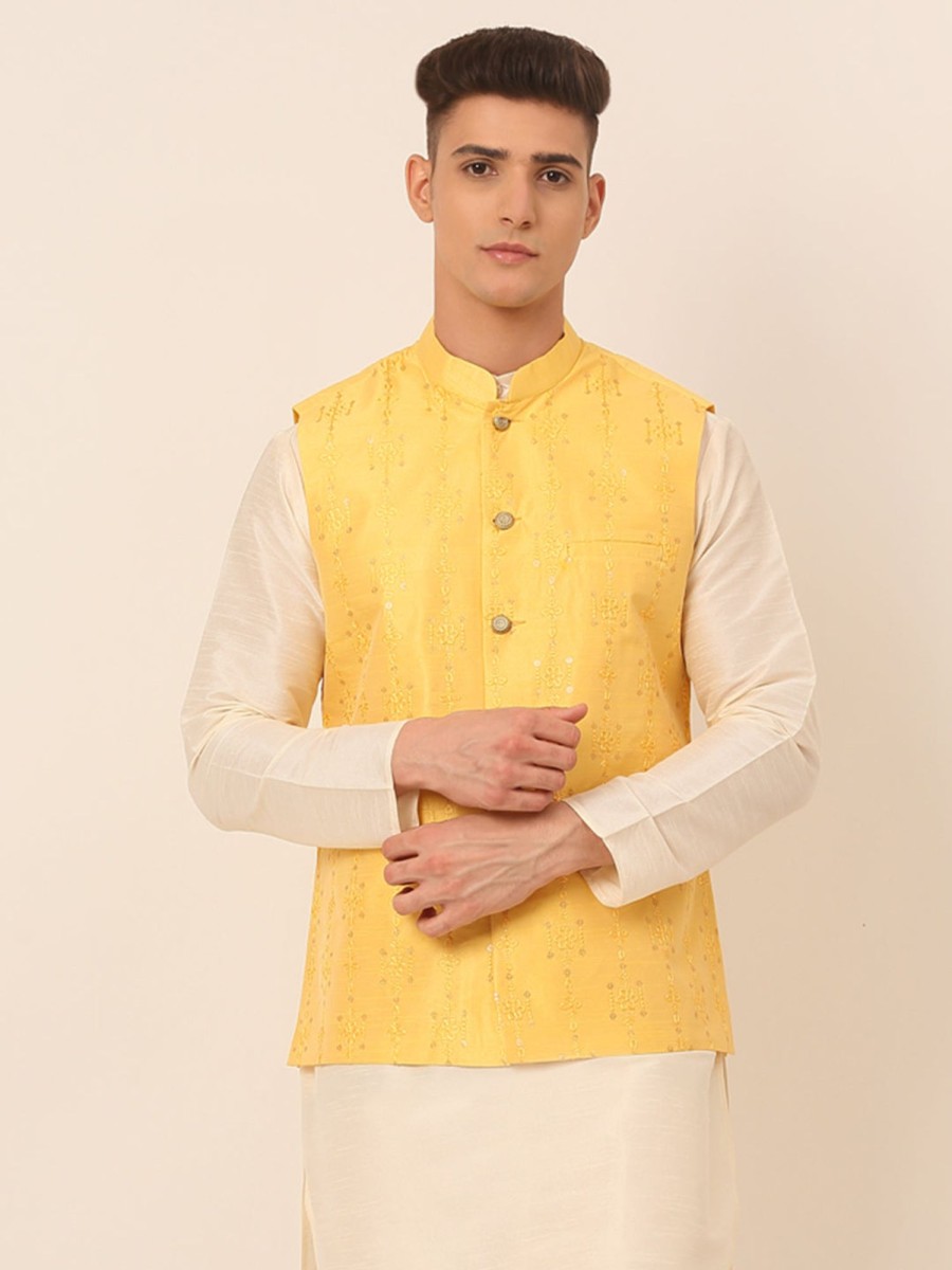 Men Virat Fashions | Men'S Yellow Embroidered Woven Nehru Jackets ( Jowc 4044 Yellow ) - Virat Fashions