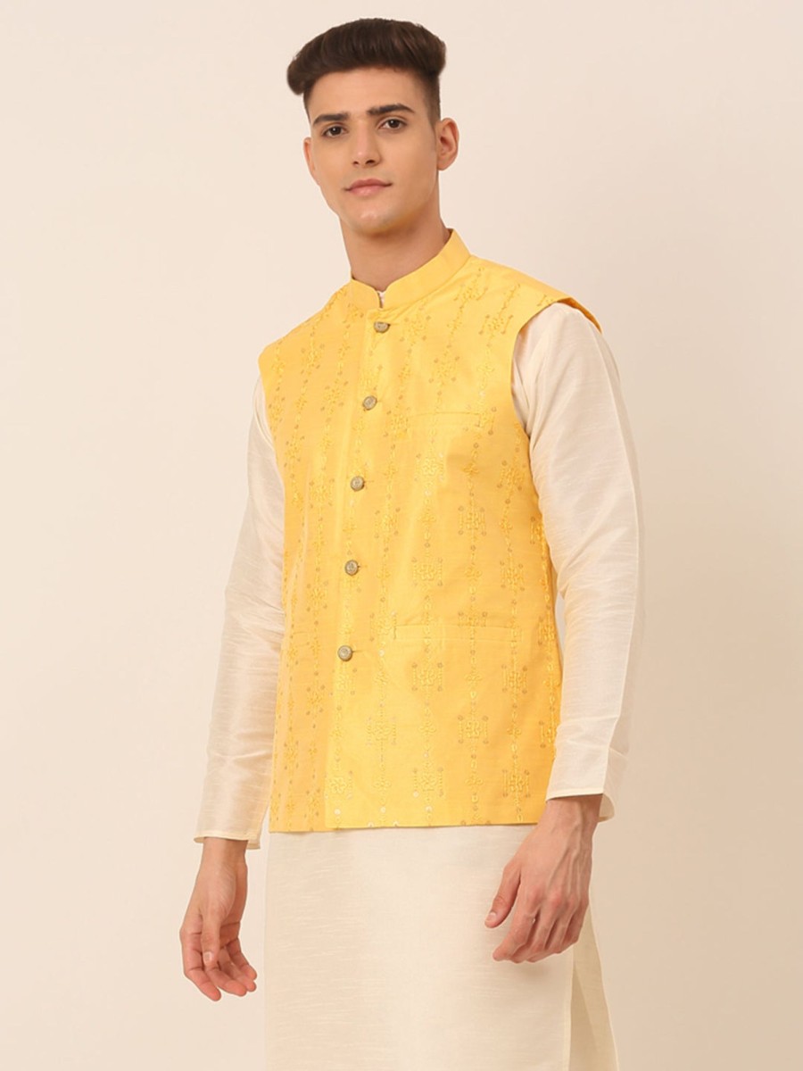 Men Virat Fashions | Men'S Yellow Embroidered Woven Nehru Jackets ( Jowc 4044 Yellow ) - Virat Fashions