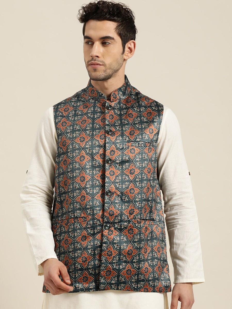 Men Sojanya | Men'S Silk Blend Botell Printed Only Nehru Jacket - Sojanya Green