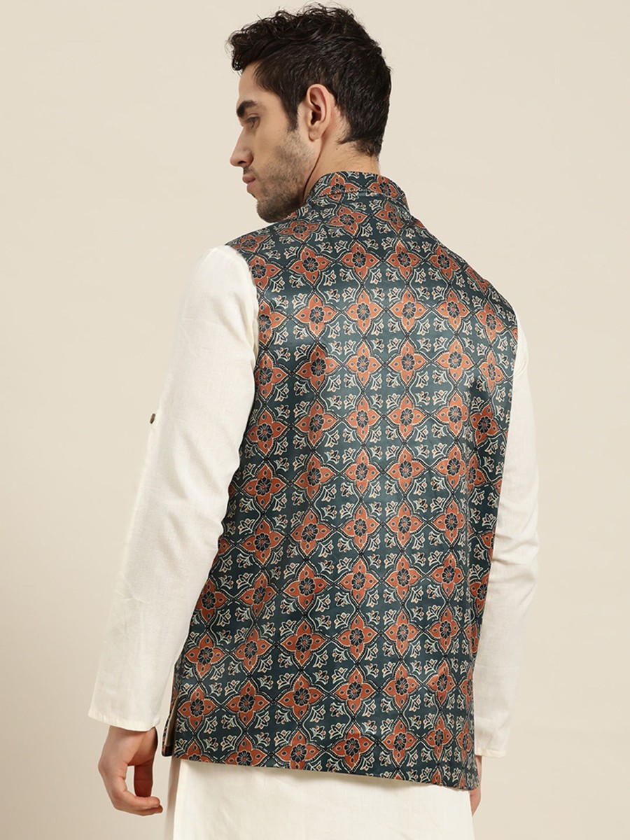 Men Sojanya | Men'S Silk Blend Botell Printed Only Nehru Jacket - Sojanya Green