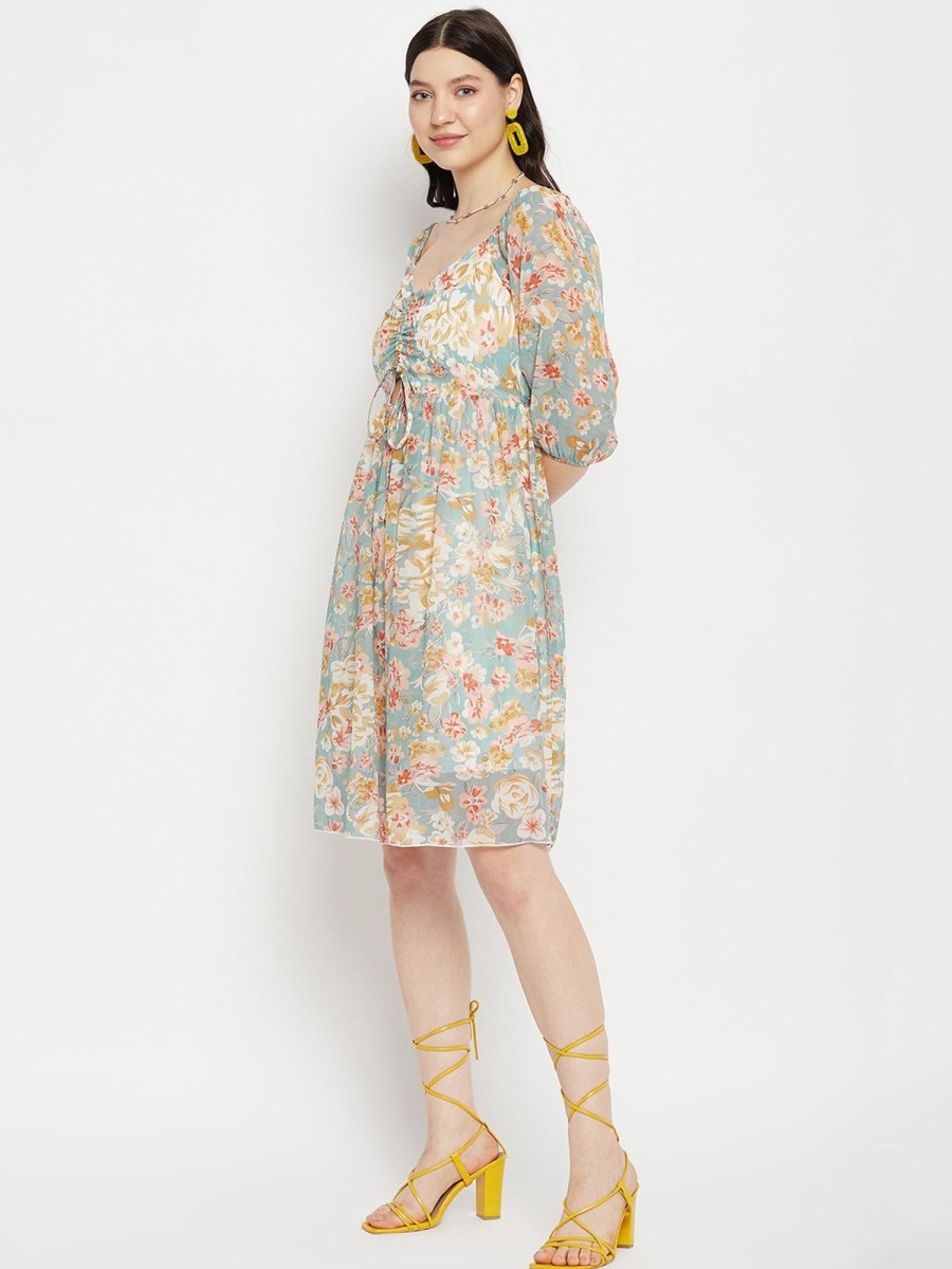 Women BitterLime | Women'S Printed Ruched String - Tie Dress - Bitterlime Blue