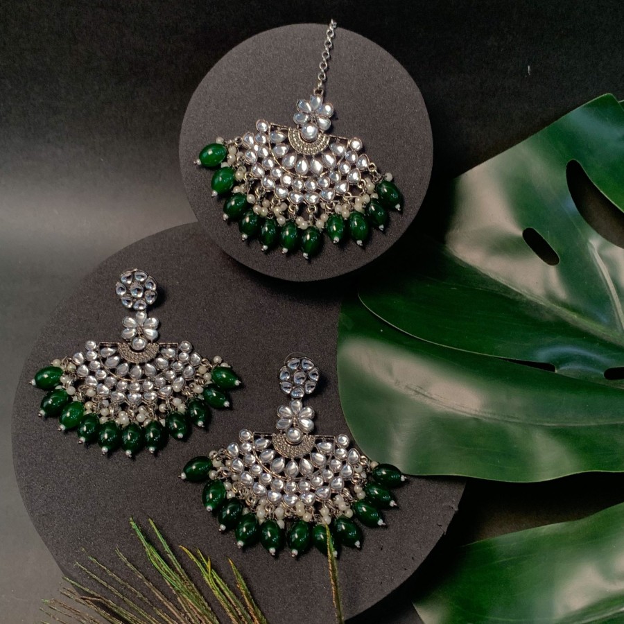 Jewellery I Jewels | Women'S Navratri Ethnic Stylish Silver Oxidised Kundan Pearl Chandbali Earrings With Maang Tikka Set - I Jewels Green