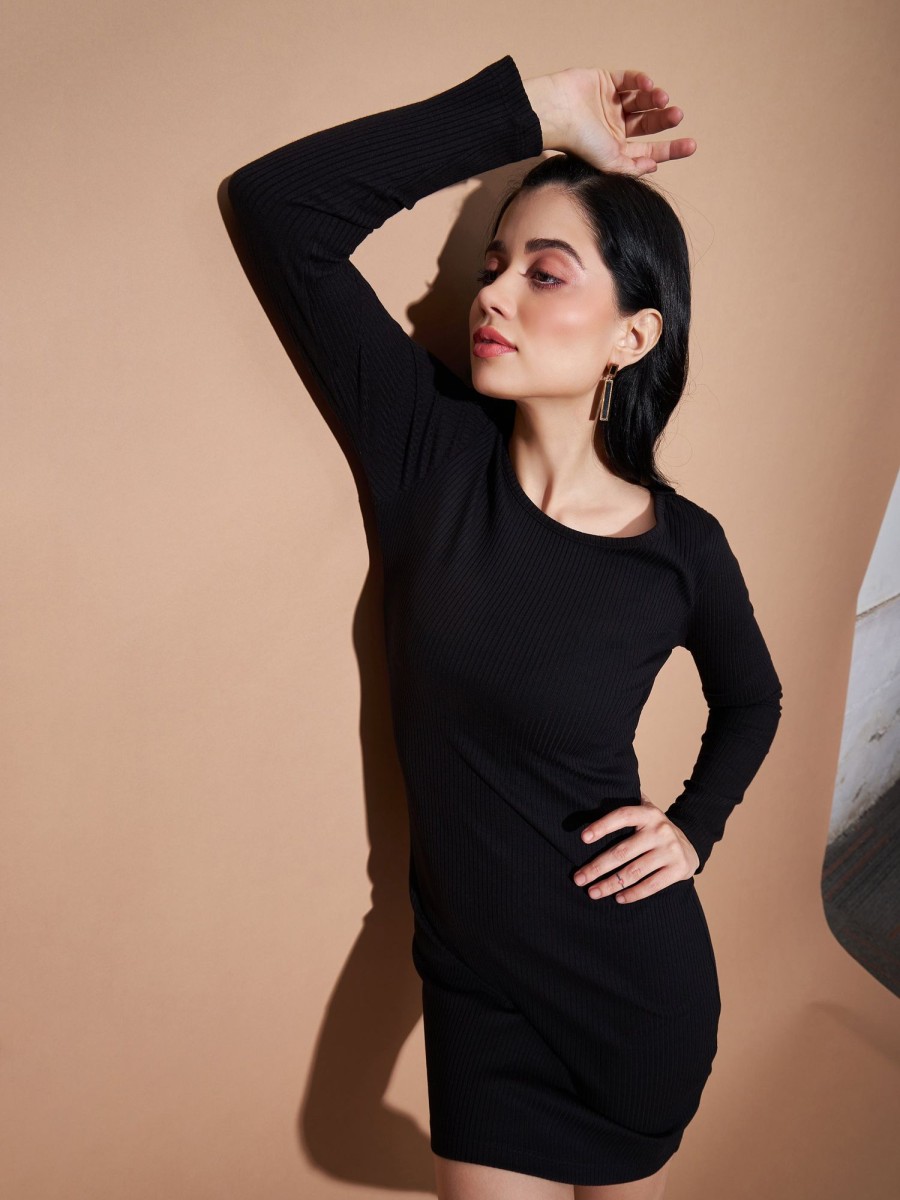 Women Lyush | Women'S Black Basic Bodycon Rib Dress - Lyush